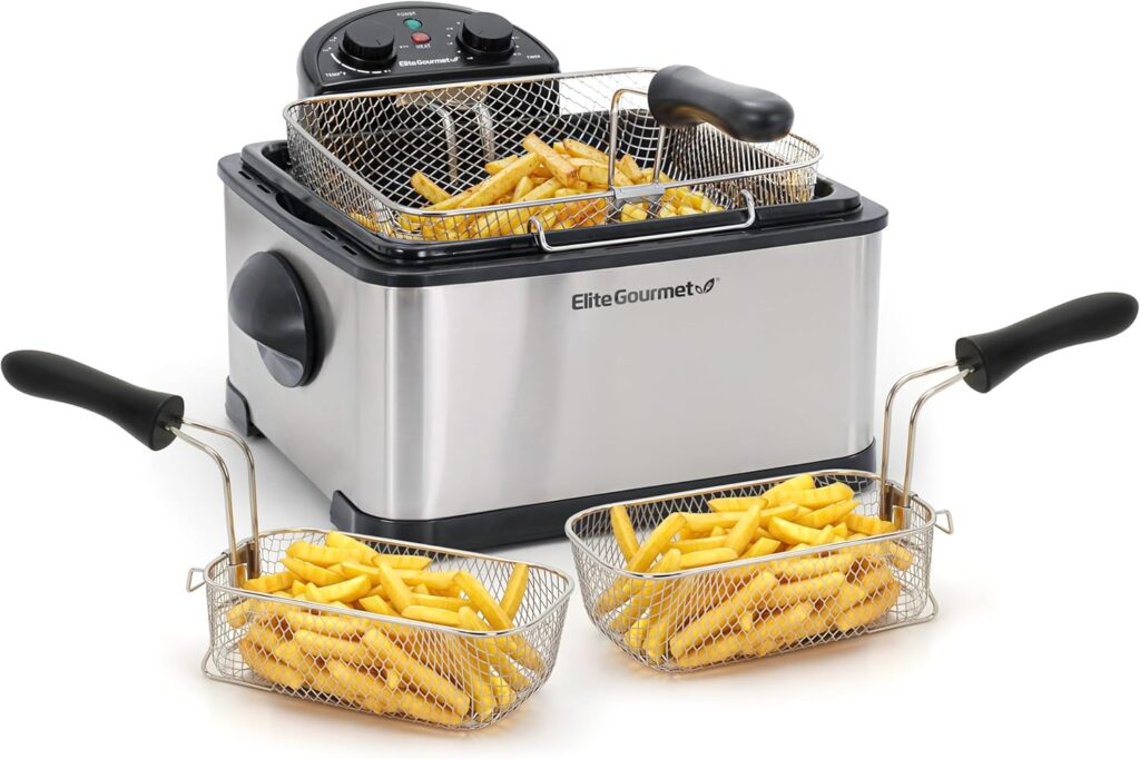 Elite Gourmet EDF-401T Electric Immersion Deep Fryer with dual baskets and brushed stainless steel exterior