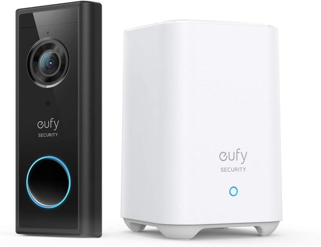 A front view of the wireless Eufy Video Doorbell 2K, a good video doorbell camera with no subscription required.