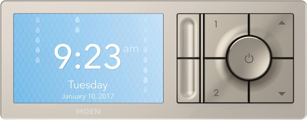 The U by Moen digital shower controller, a top smart bathroom gadget for voice-activated temperature control.