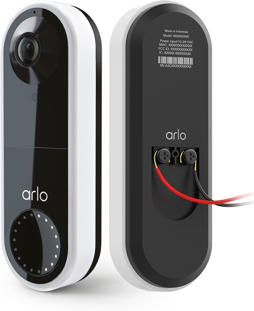 The Arlo Video Doorbell, a top-rated smart video doorbell with package detection, shown mounted on a home's exterior.

